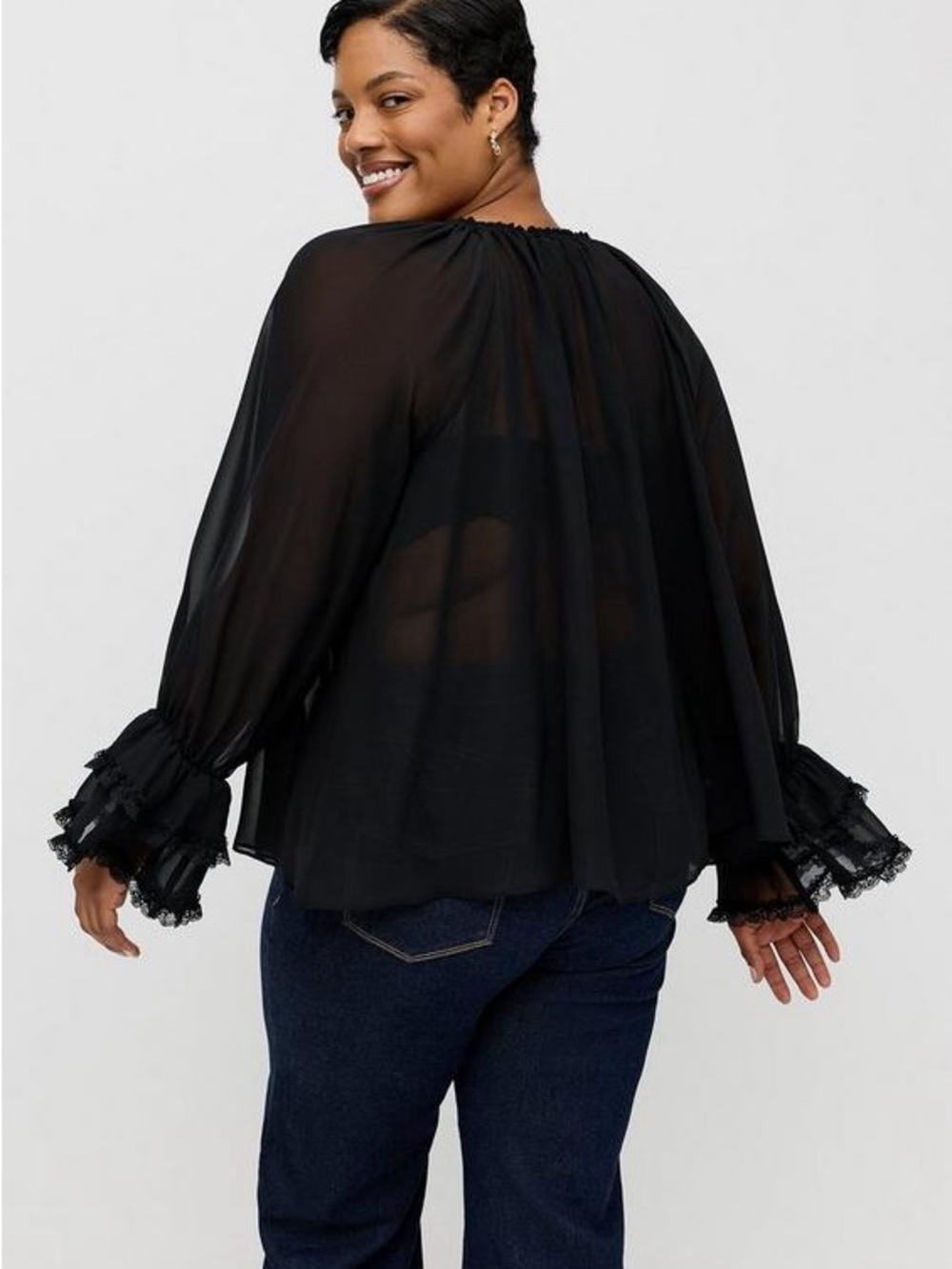 torrid Black Sheer Ruffle Cuff Peasant Blouse - Picture 3 of 7